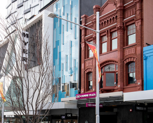 Crowne Plaza Hotel Hobart ground level entry heritage building exterior side view