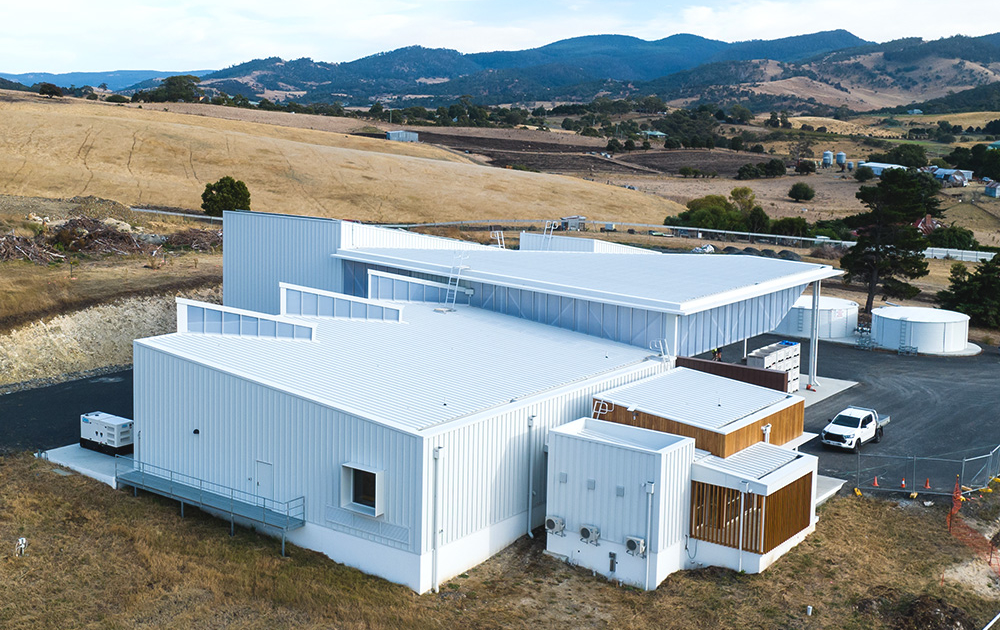 Rear view of the new Pressing Matters winery processing building set in the rural countryside of Tea Tree.