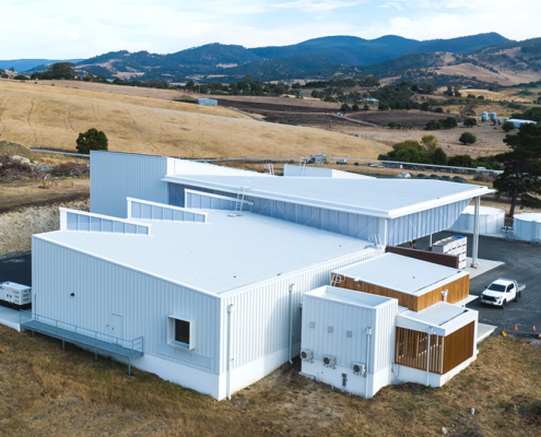 Rear view of the new Pressing Matters winery processing building set in the rural countryside of Tea Tree.