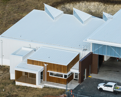 Front overhead view of the new Pressing Matters winery processing building at Tea Tree.