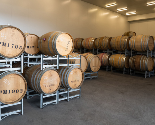 The Barrel Room at Pressing Matters Winery, where the product is left to age in barrels.