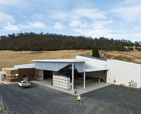 Front view of the new Pressing Matters winery processing building at Tea Tree.