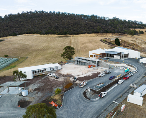 Site view of the new Pressing Matters Winery set in the rural winemaking region of Tea Tree, Tasmania